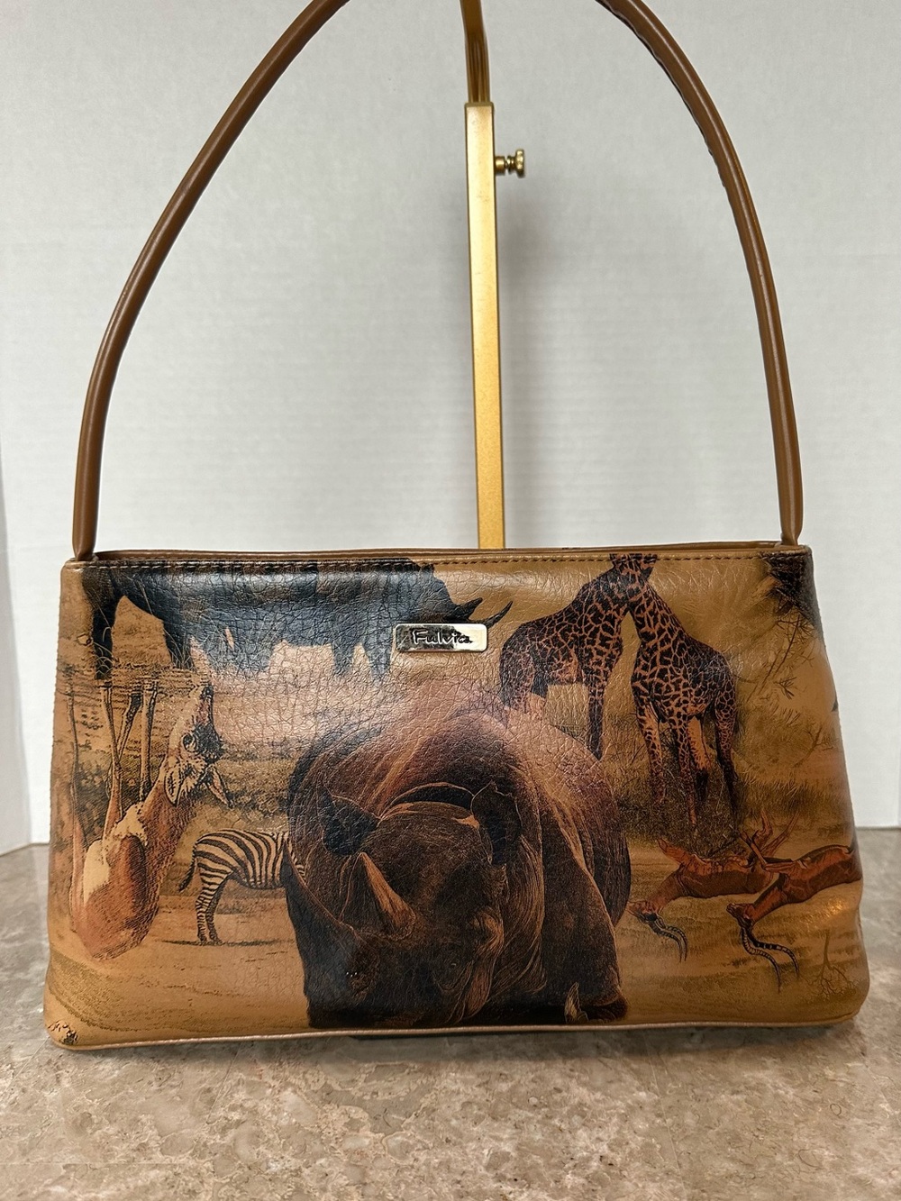 Fulvia Safari Print Shoulder Bag Faux Leather Tan Brown Hobo Eclectic Animal Bag